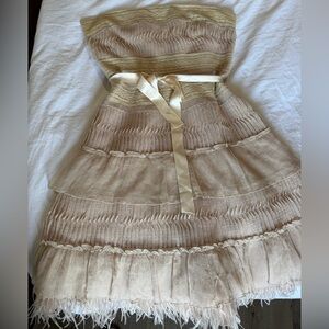 BCBGMaxAzria Strapless Tiered Feather Hem Mini Dress in Blush and Gold